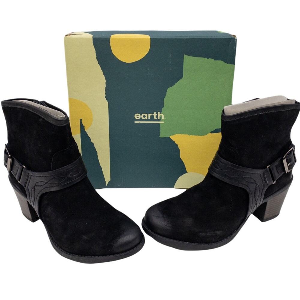 Earth Origins Banded Buckle Black Lina Arlington Suede Heeled Ankle Boots 8.5 W